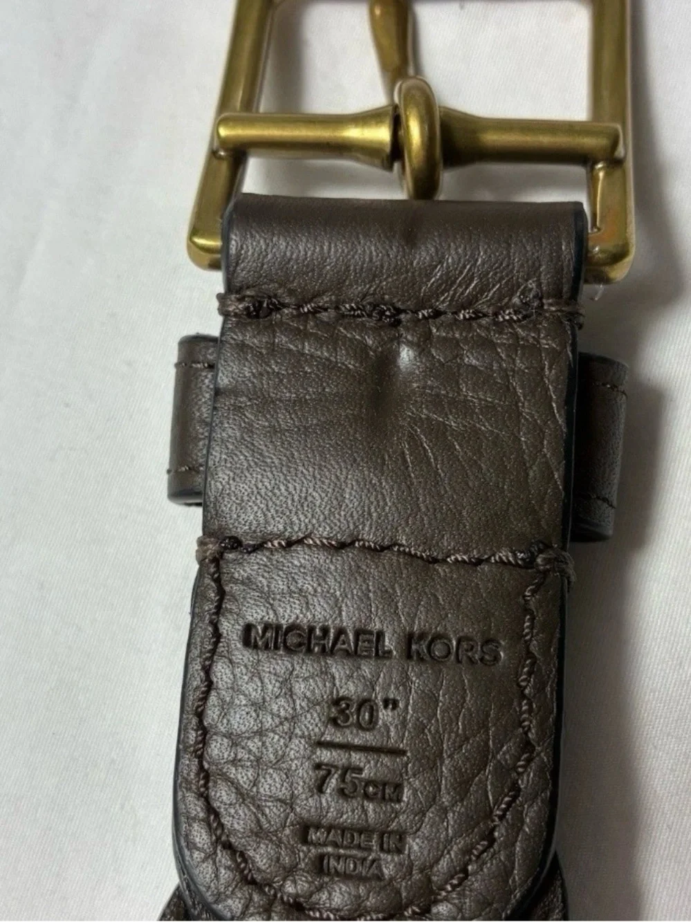 Michael Kors Womens belt Braided Leather Dark Brown Antique Gold Buckle Logo